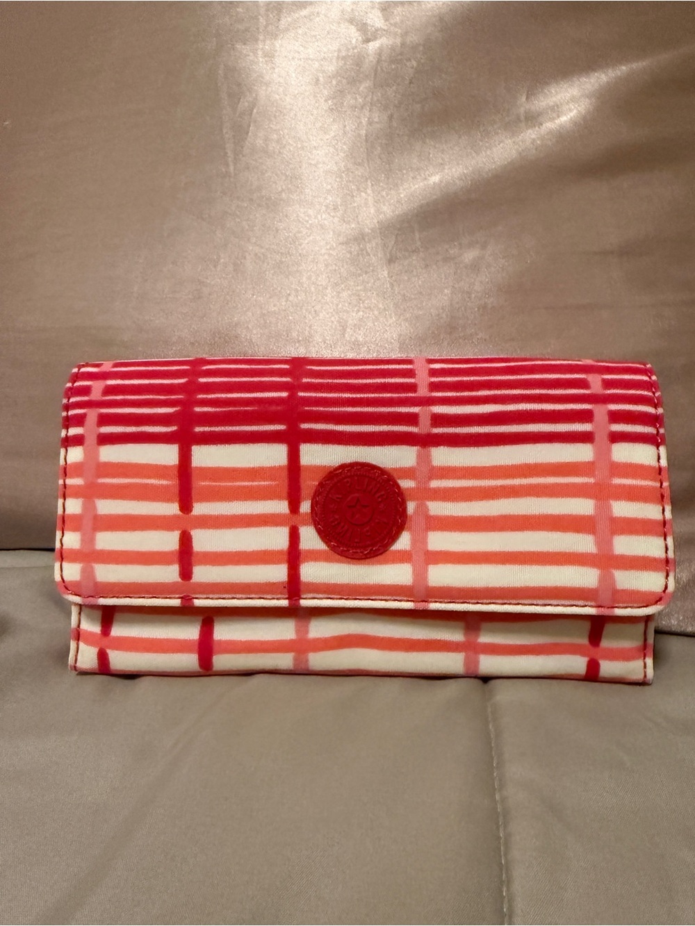 Kipling Pink and Red Plaid Fold-Over Wallet